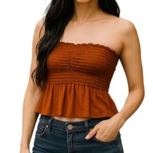 HOLLISTER Rusty Burnt Orange Strapless Tube Top Cropped Smock Peplum Size M